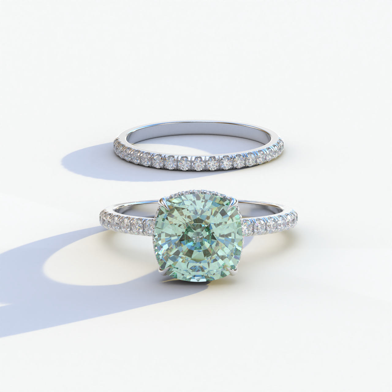 3 Carat Green Cushion Cut Hidden Halo & Pave Diamond Ring Set	