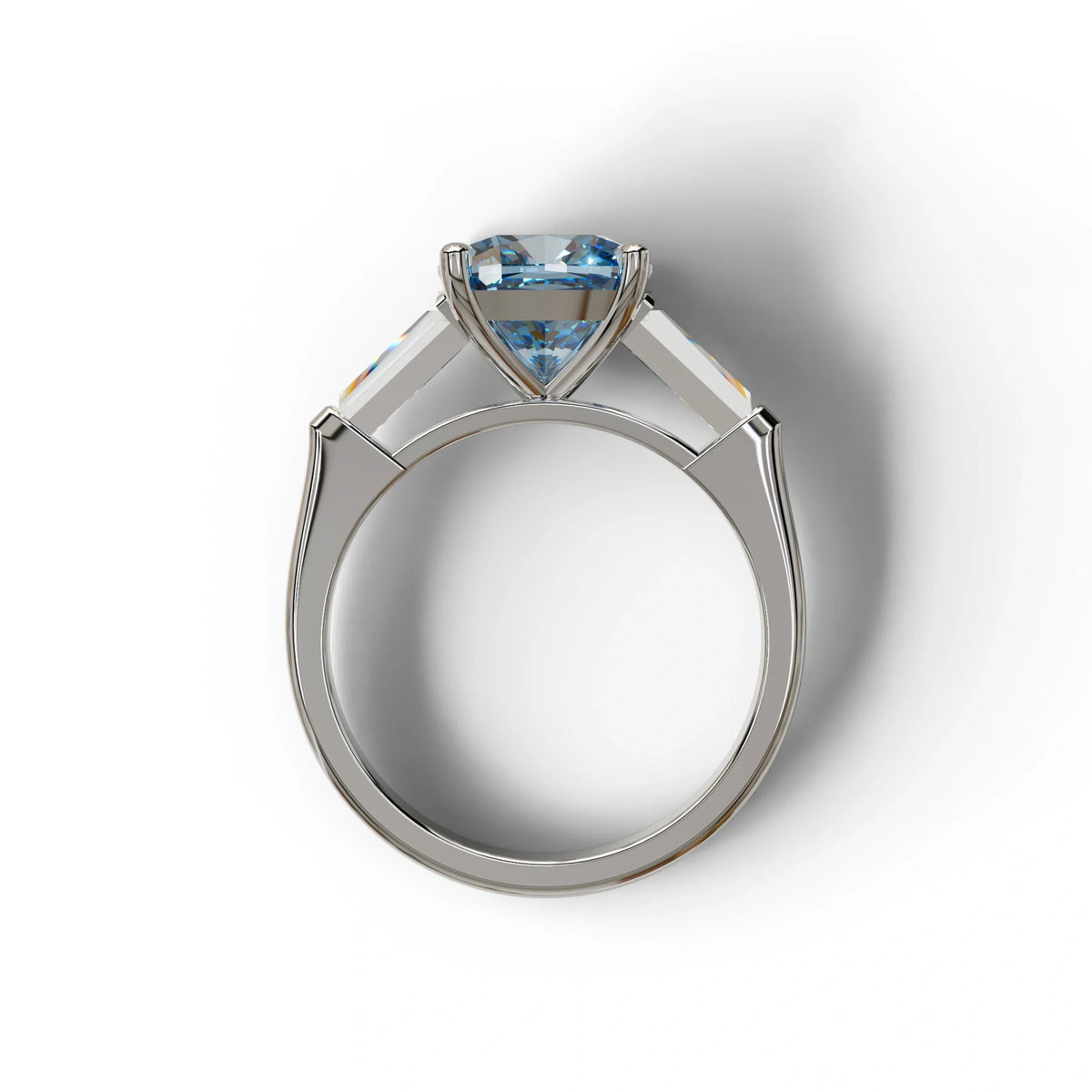 3 Carat Blue Cushion & Tapered Baguette Three Stone Engagement Ring