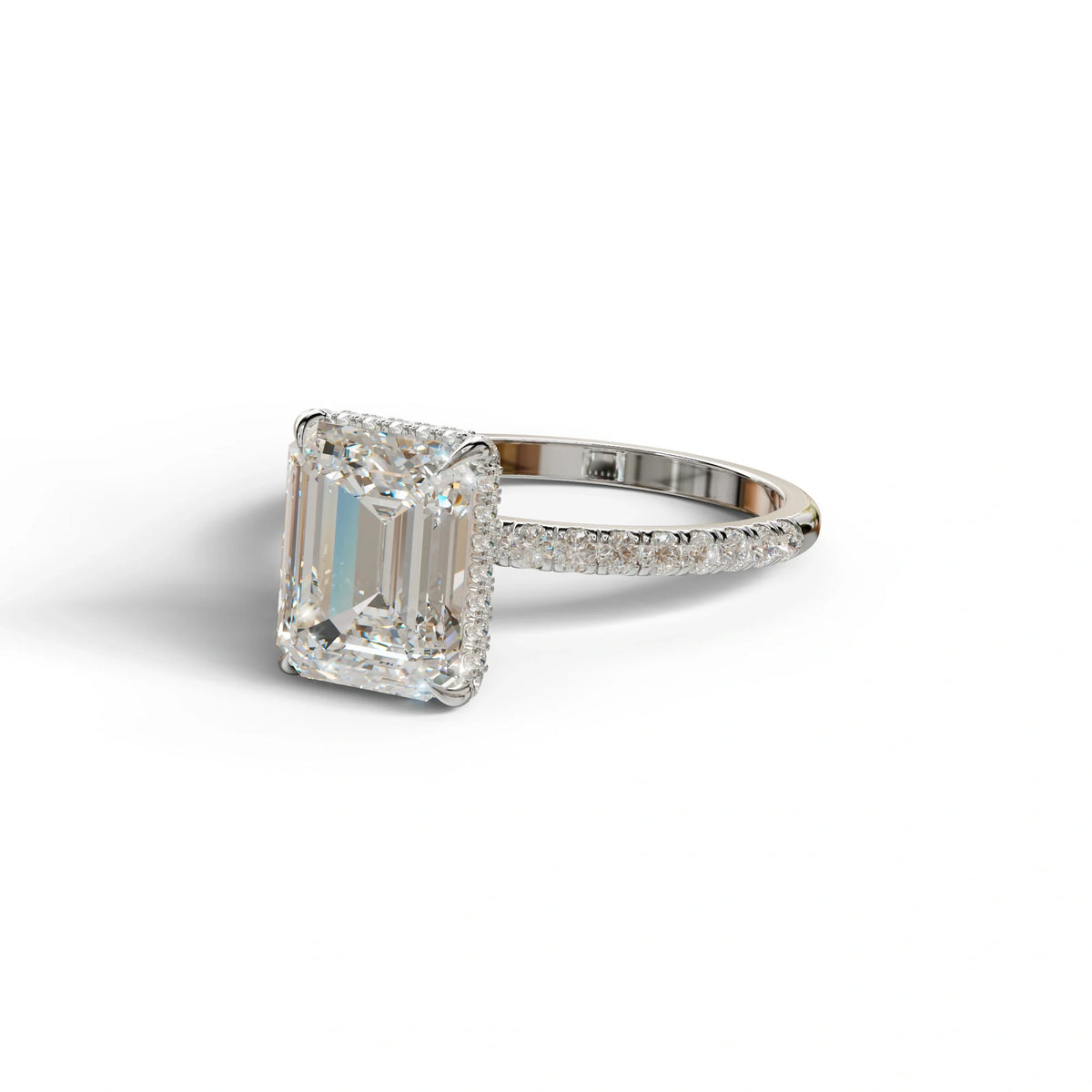 3 Carat E-VVS Emerald Cut Lab Diamond In Hidden Halo & Pave Setting Ring