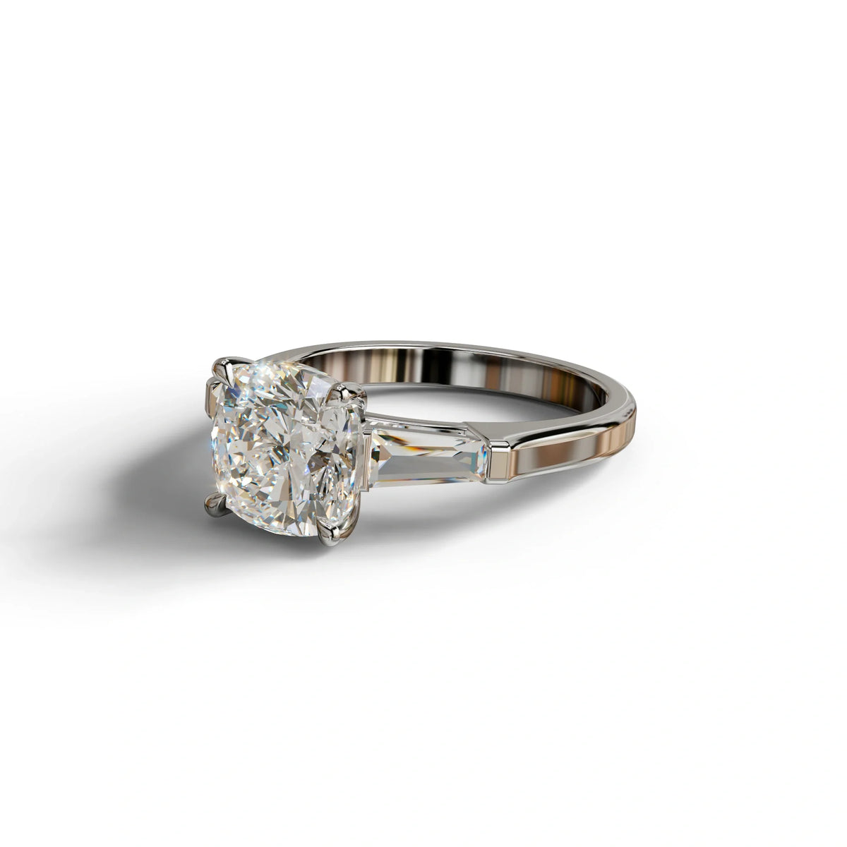 3 Carat E-VVS Cushion & Tapered Baguette Three Stone Engagement Ring