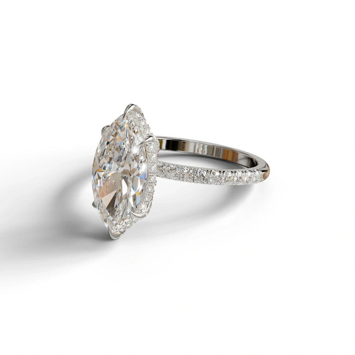 3 Carat E-VVS Marquise Cut Lab Diamond In Hidden Halo & Pave Setting Ring