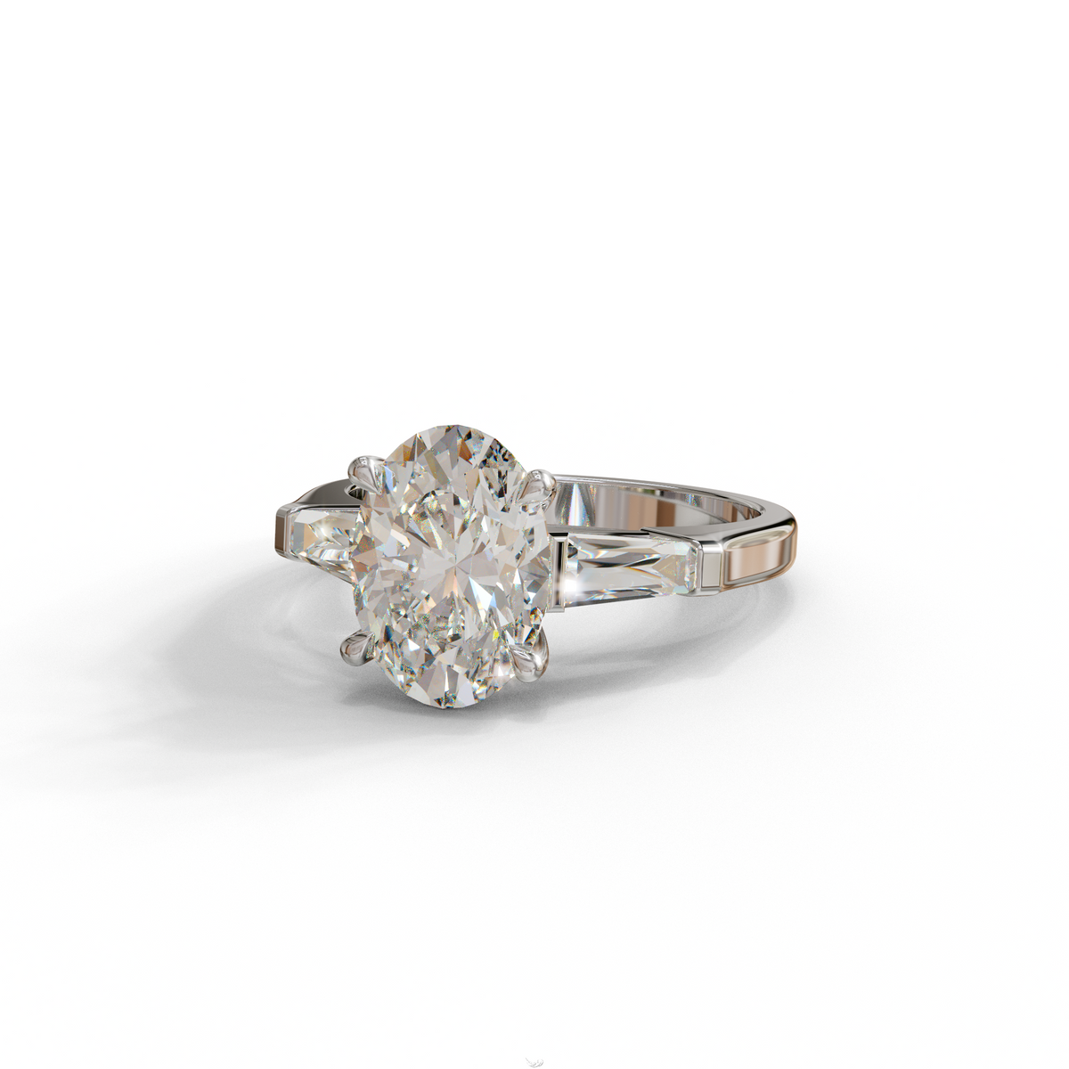 3.75 Carat E/VVS Oval & Tapered Baguette Lab Grown Diamond Three Stone Engagement Ring