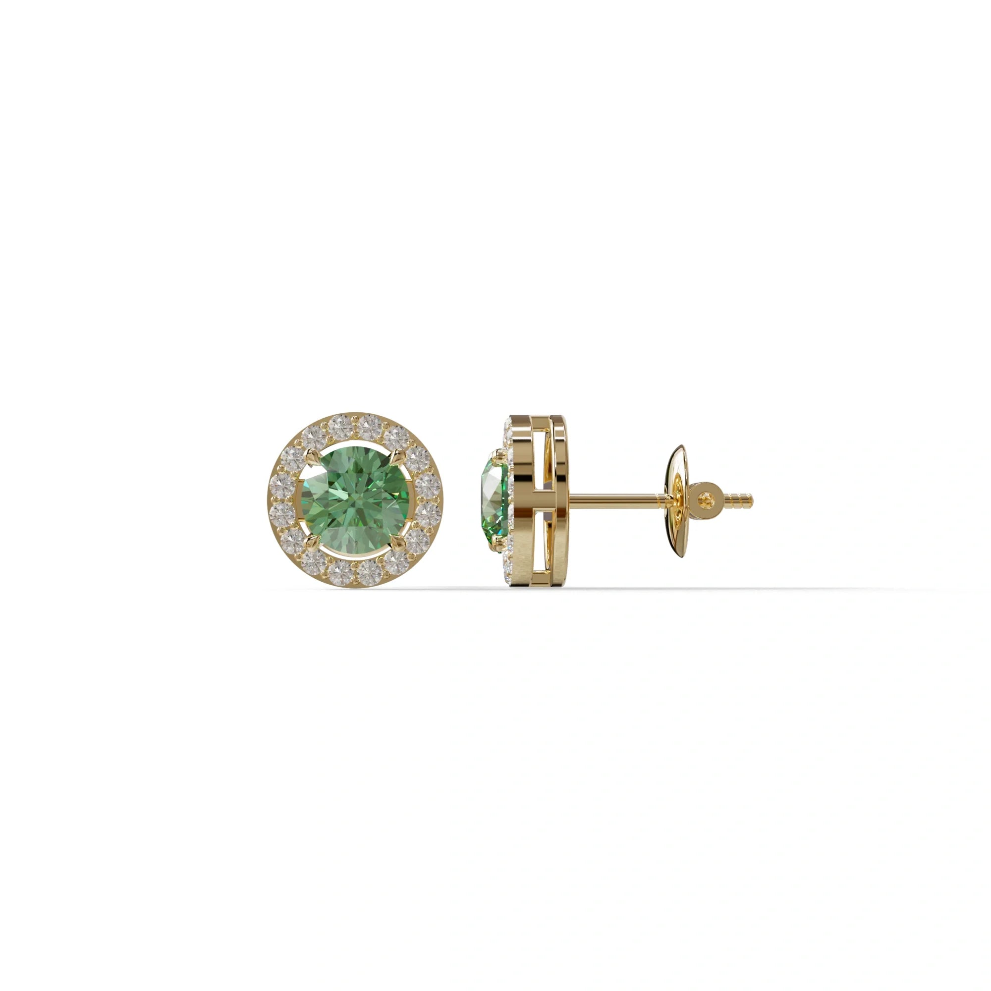 Ciera - Green Color Round Diamond Stud Earrings | Halo Setting | Certified