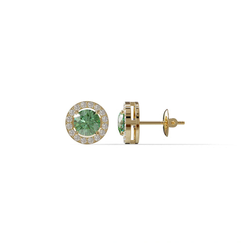 Ciera - Green Color Round Diamond Stud Earrings | Halo Setting | Certified