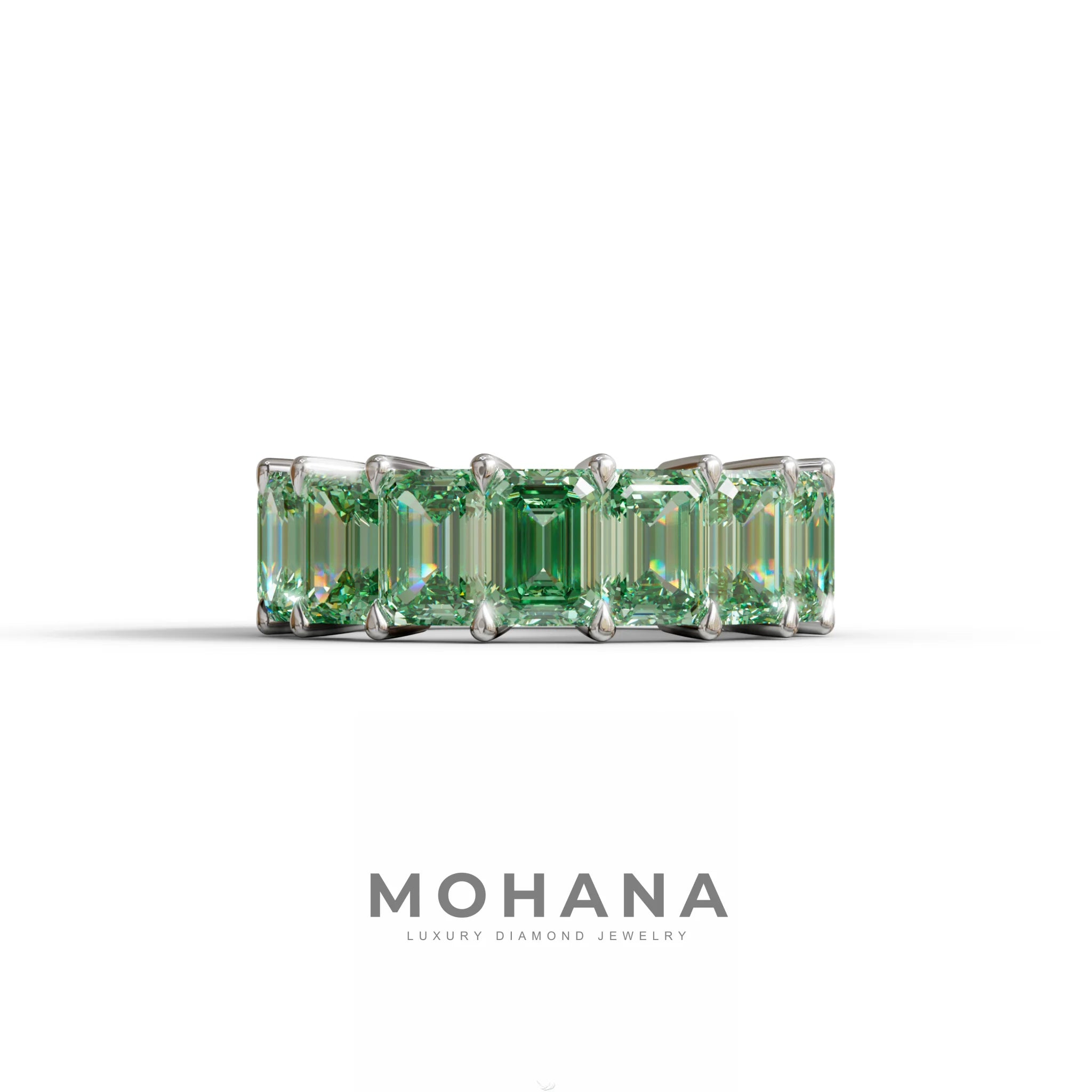 Lab‑Grown Green Emerald‑Cut Diamond Band – Classic Full‑Eternity Style - 10K Solid Gold / White Gold
