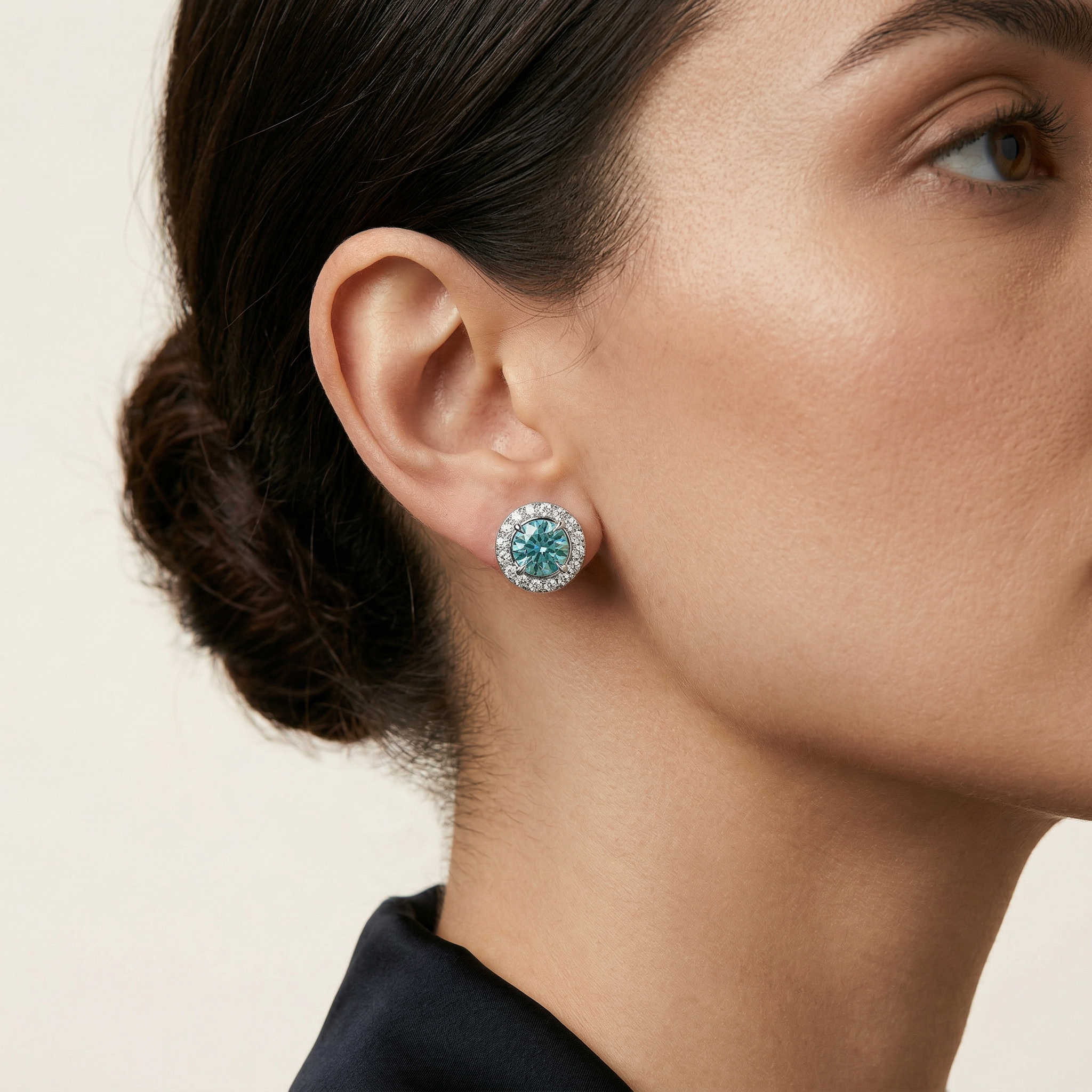 Ciera - Green Color Round Diamond Stud Earrings | Halo Setting | Certified