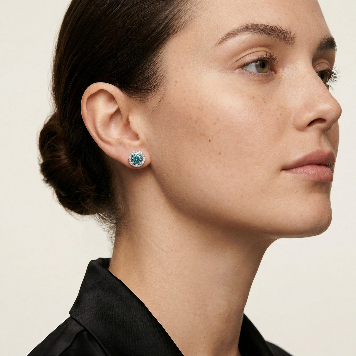 Ciera - Green Color Round Diamond Stud Earrings | Halo Setting | Certified