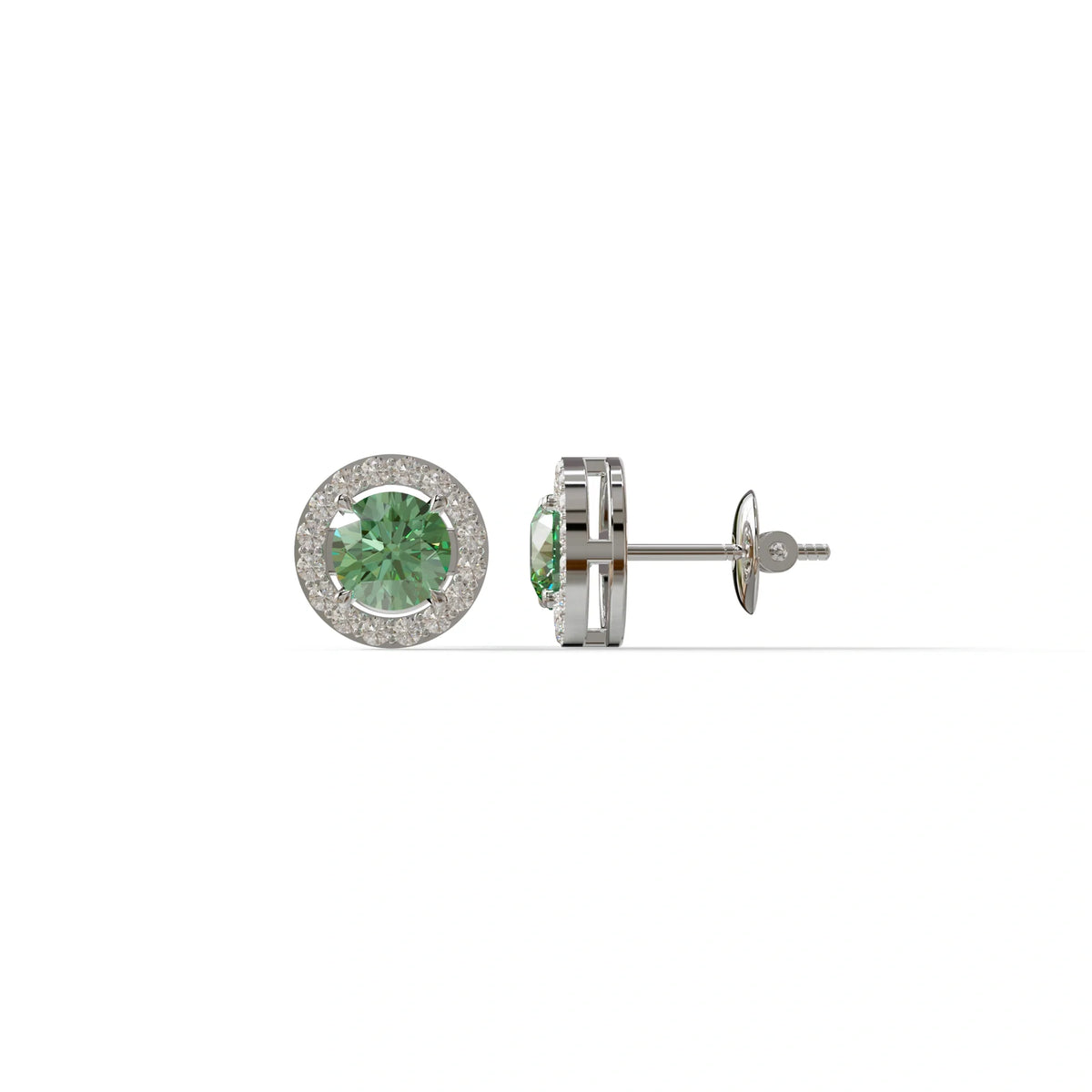 Ciera - Green Color Round Diamond Stud Earrings | Halo Setting | Certified