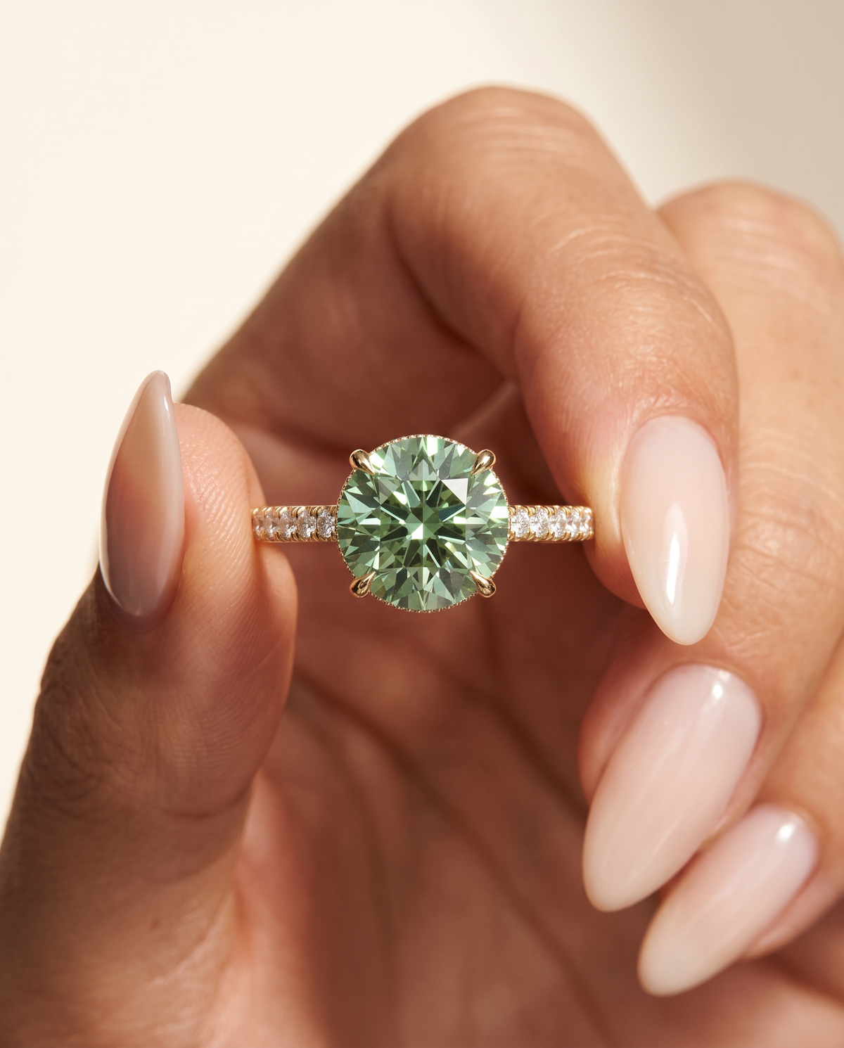 2 to 6 Carat Green Lab Grown Diamond Engagement Ring – Round Cut Hidden Halo | Liora