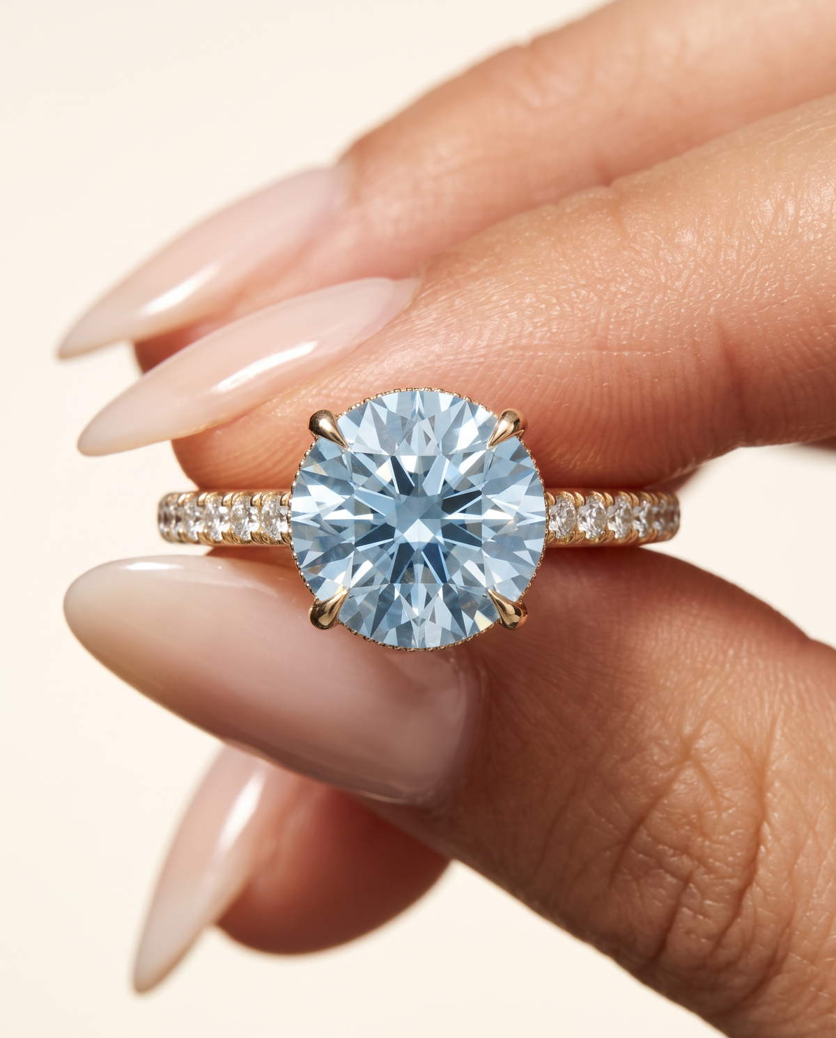 2 to 6 Carat Blue Lab Grown Diamond Engagement Ring – Round Cut Hidden Halo | Liora