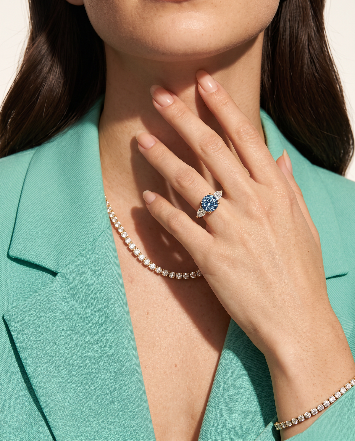 3 to 5 Carat Blue Lab Grown Diamond Engagement Ring – Round Cut Three Stone | Cecelia