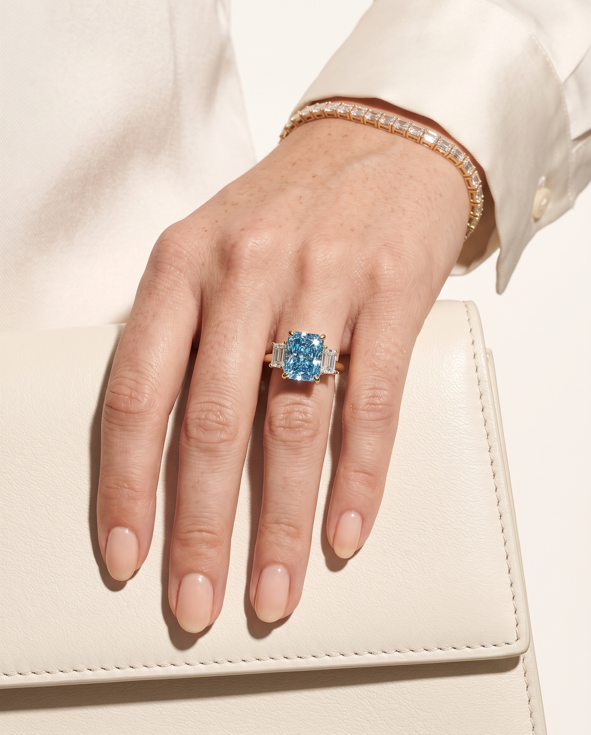 2 to 7 Carat Blue Lab Grown Diamond Engagement Ring – Radiant Cut Three Stone | Aurelia