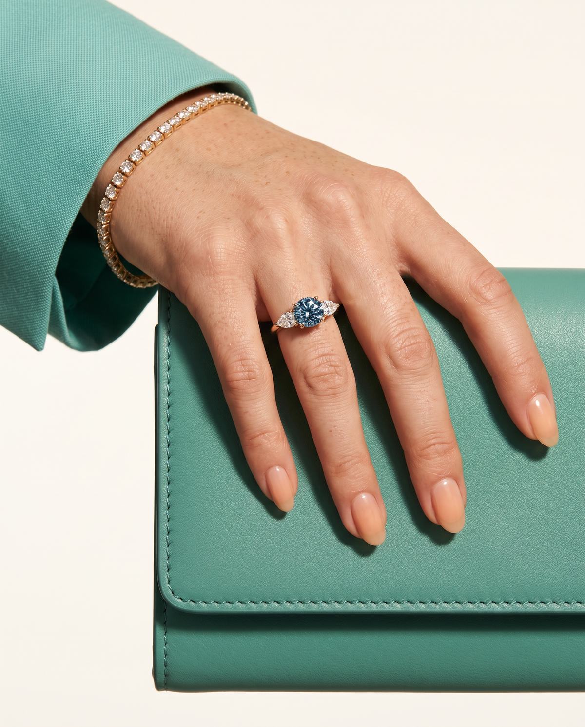 3 to 5 Carat Blue Lab Grown Diamond Engagement Ring – Round Cut Three Stone | Cecelia