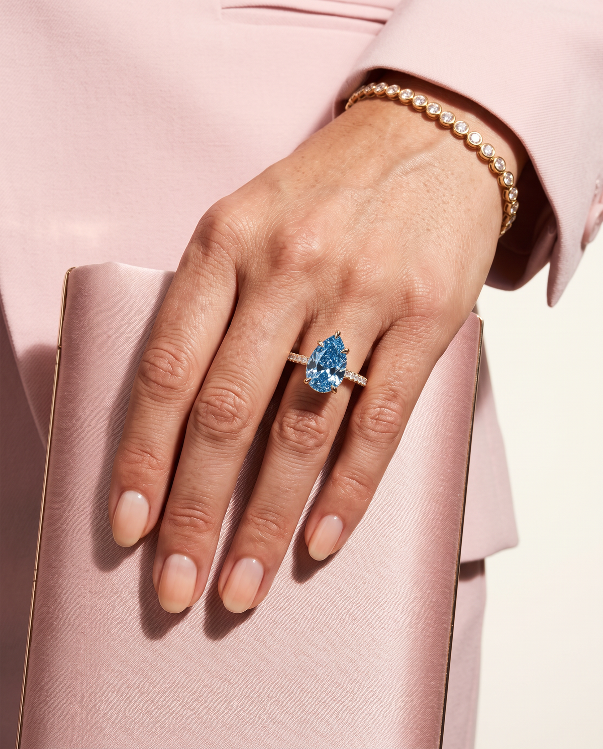 1 to 6 Carat Blue Lab Grown Diamond Engagement Ring – Pear Cut Hidden Halo | Solene