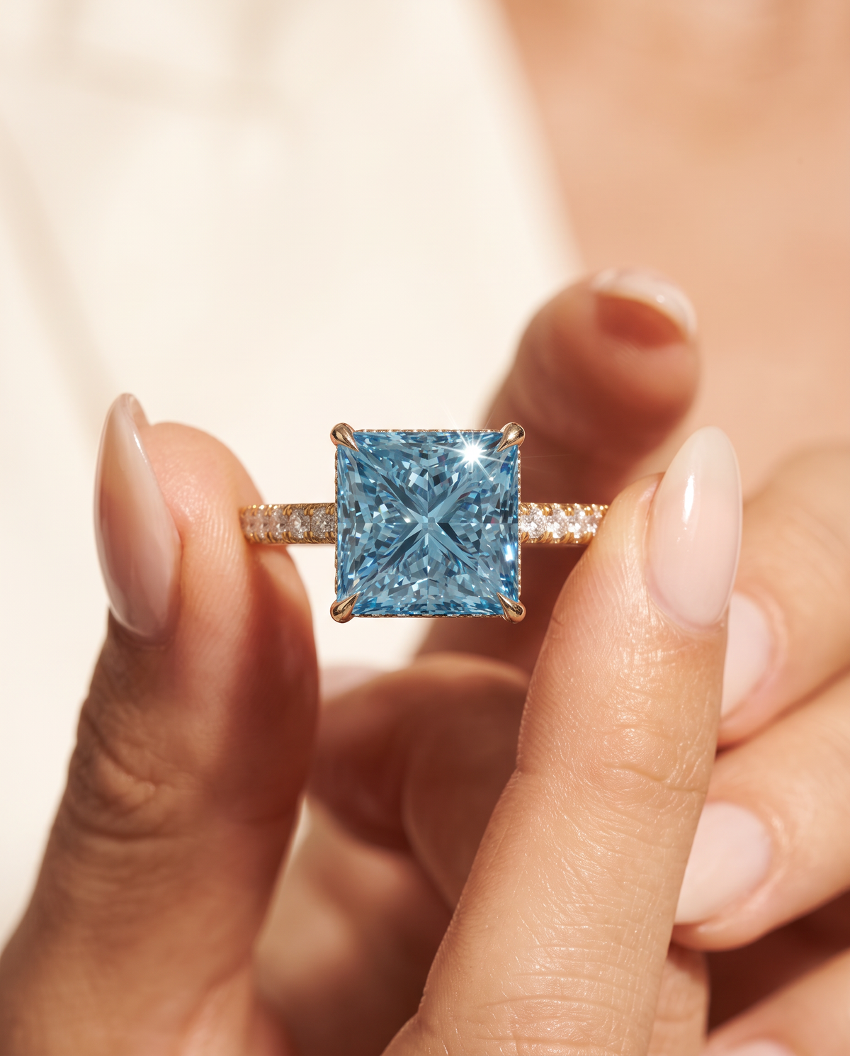 2 to 4 Carat Blue Lab Grown Diamond Engagement Ring – Princess Cut Hidden Halo | Adele