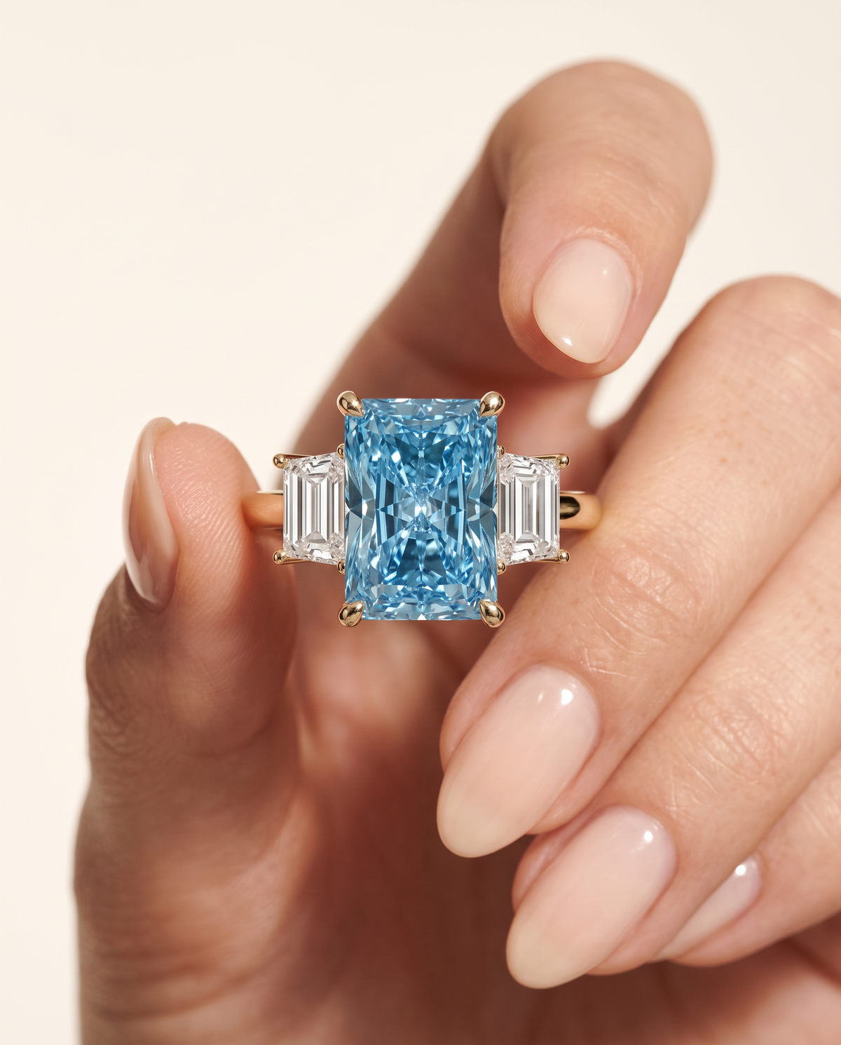 2 to 7 Carat Blue Lab Grown Diamond Engagement Ring – Radiant Cut Three Stone | Aurelia