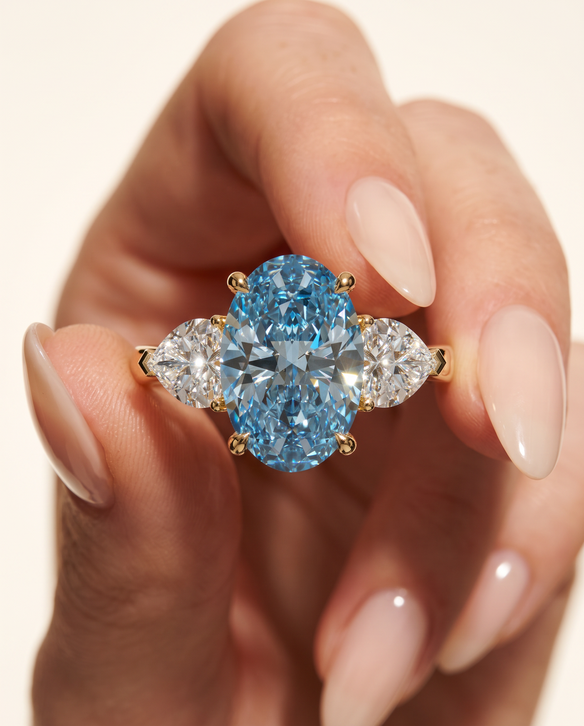 3 to 5 Carat Blue Lab Grown Diamond Engagement Ring – Oval Cut Three Stone | Juliet