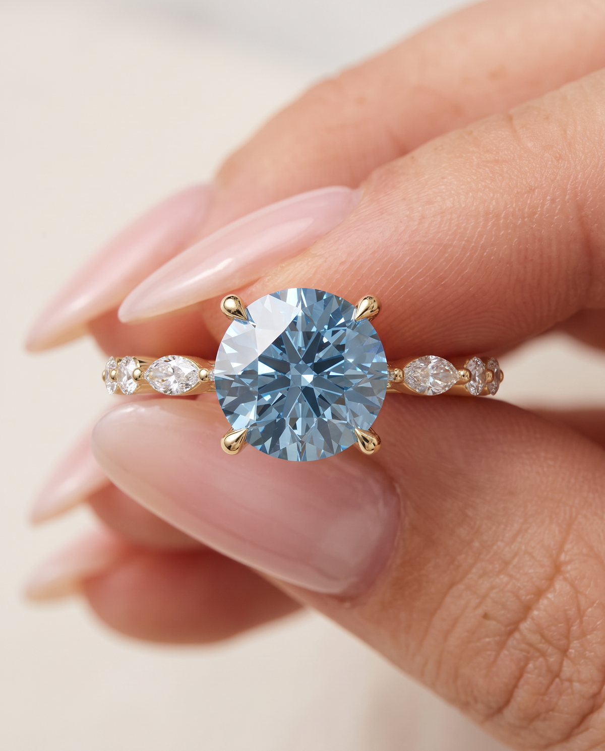 1 to 3 Carat Blue Lab Grown Diamond Engagement Ring – Round Cut Hidden Halo | Lucienne
