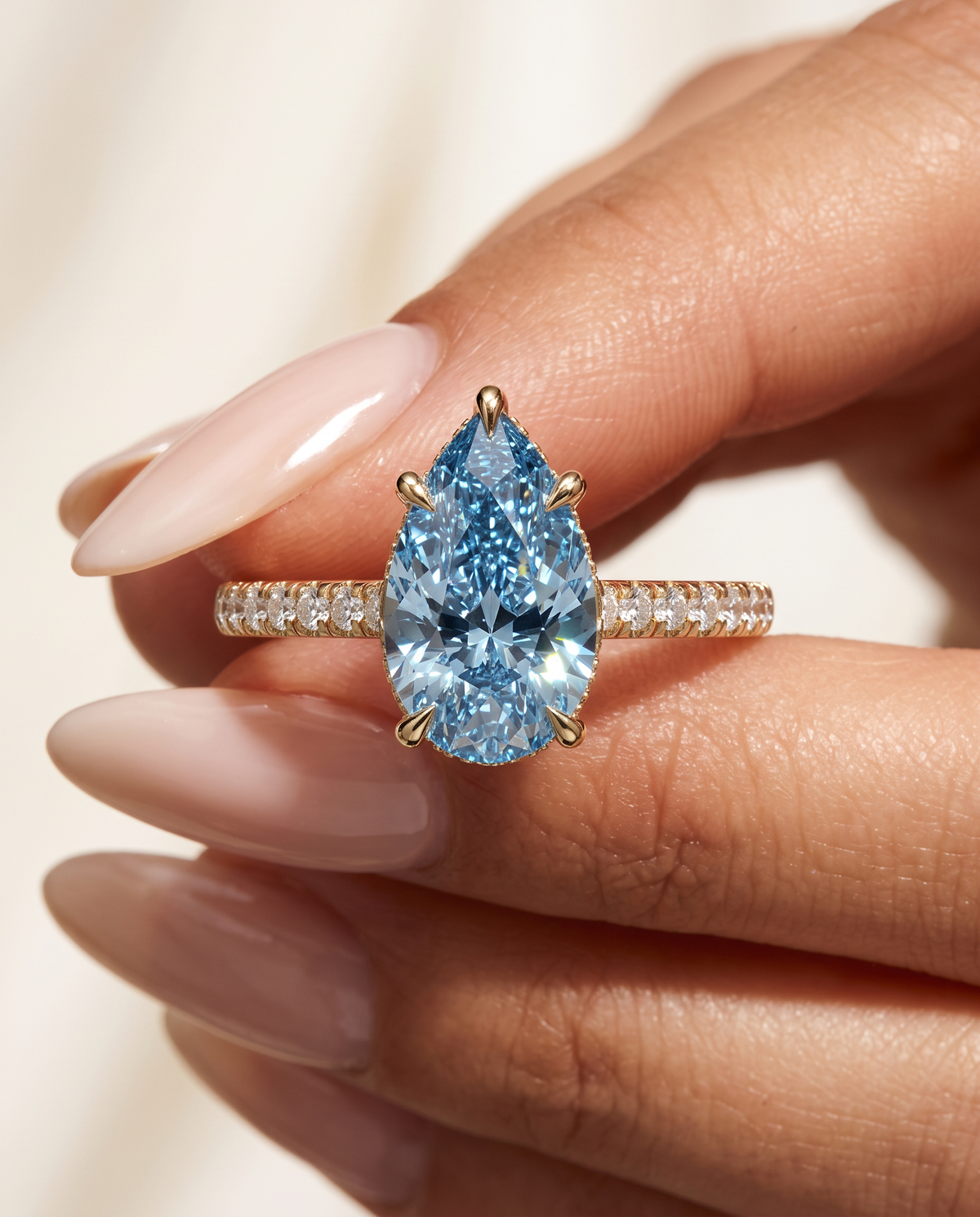 1 to 6 Carat Blue Lab Grown Diamond Engagement Ring – Pear Cut Hidden Halo | Solene