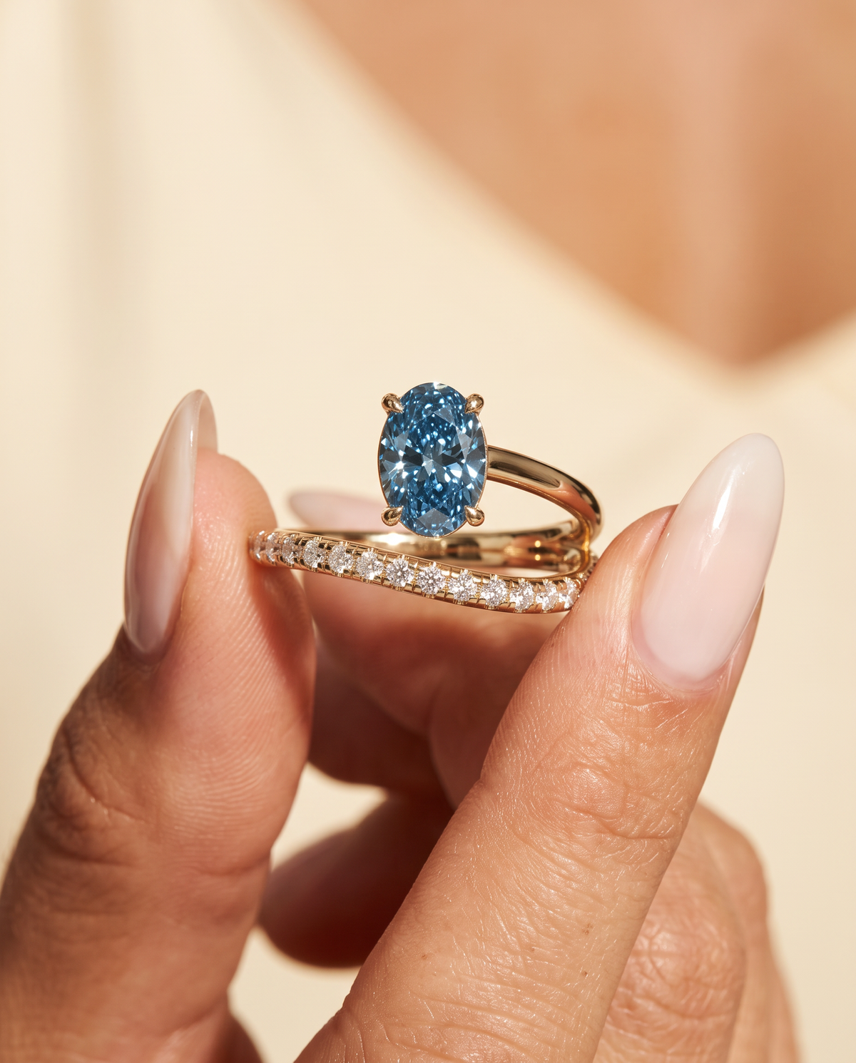 1 to 2 Carat Blue Lab Grown Diamond Engagement Ring – Oval Cut Pavé Bypass | Amara