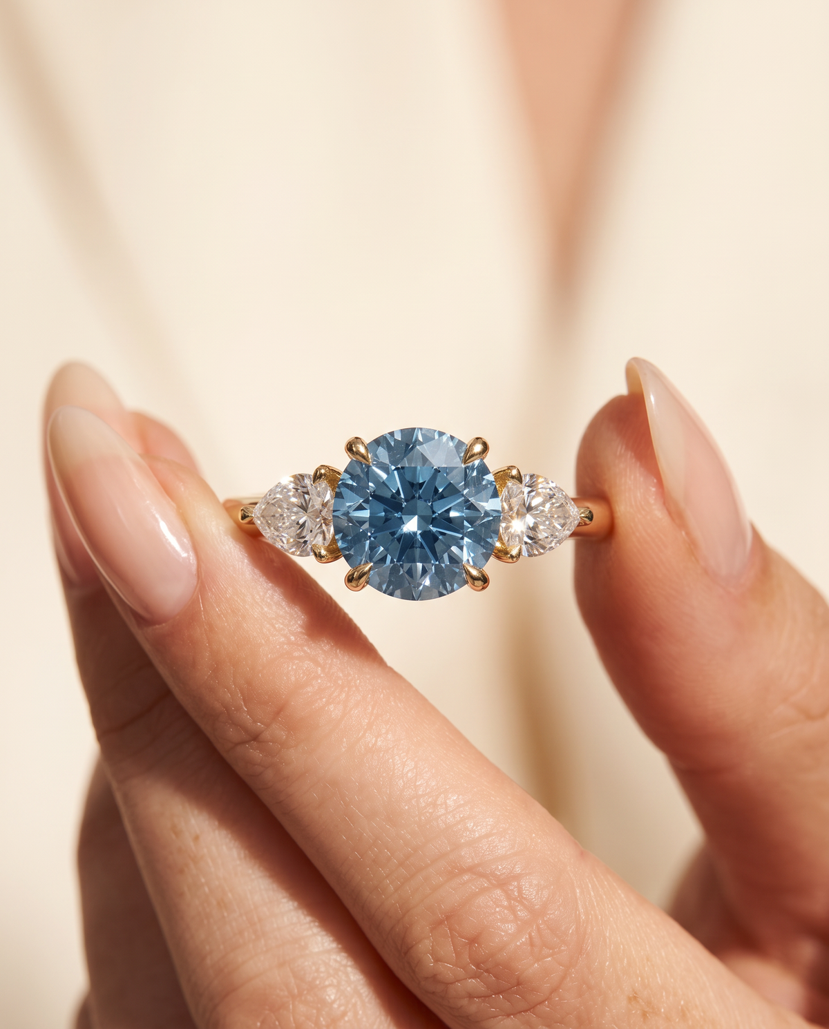 3 to 5 Carat Blue Lab Grown Diamond Engagement Ring – Round Cut Three Stone | Cecelia