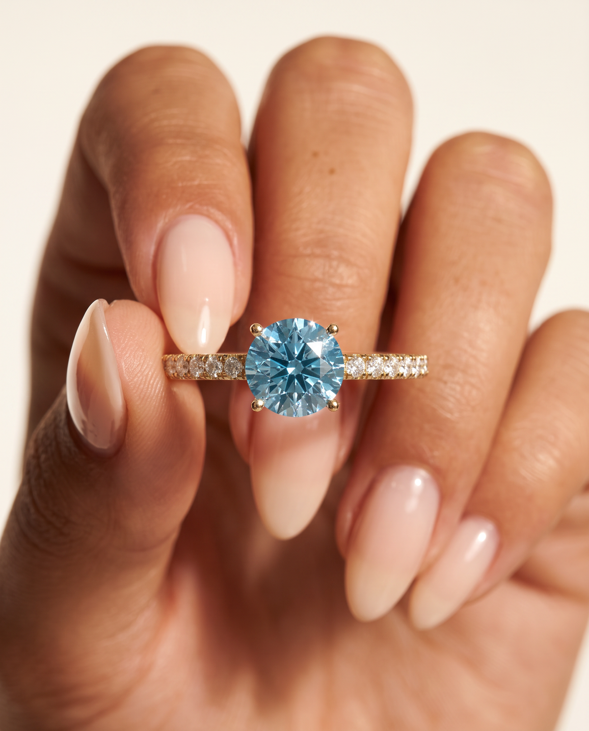 1 to 3.5 Carat Blue Lab Grown Diamond Engagement Ring – Round Cut Pavé | Elise