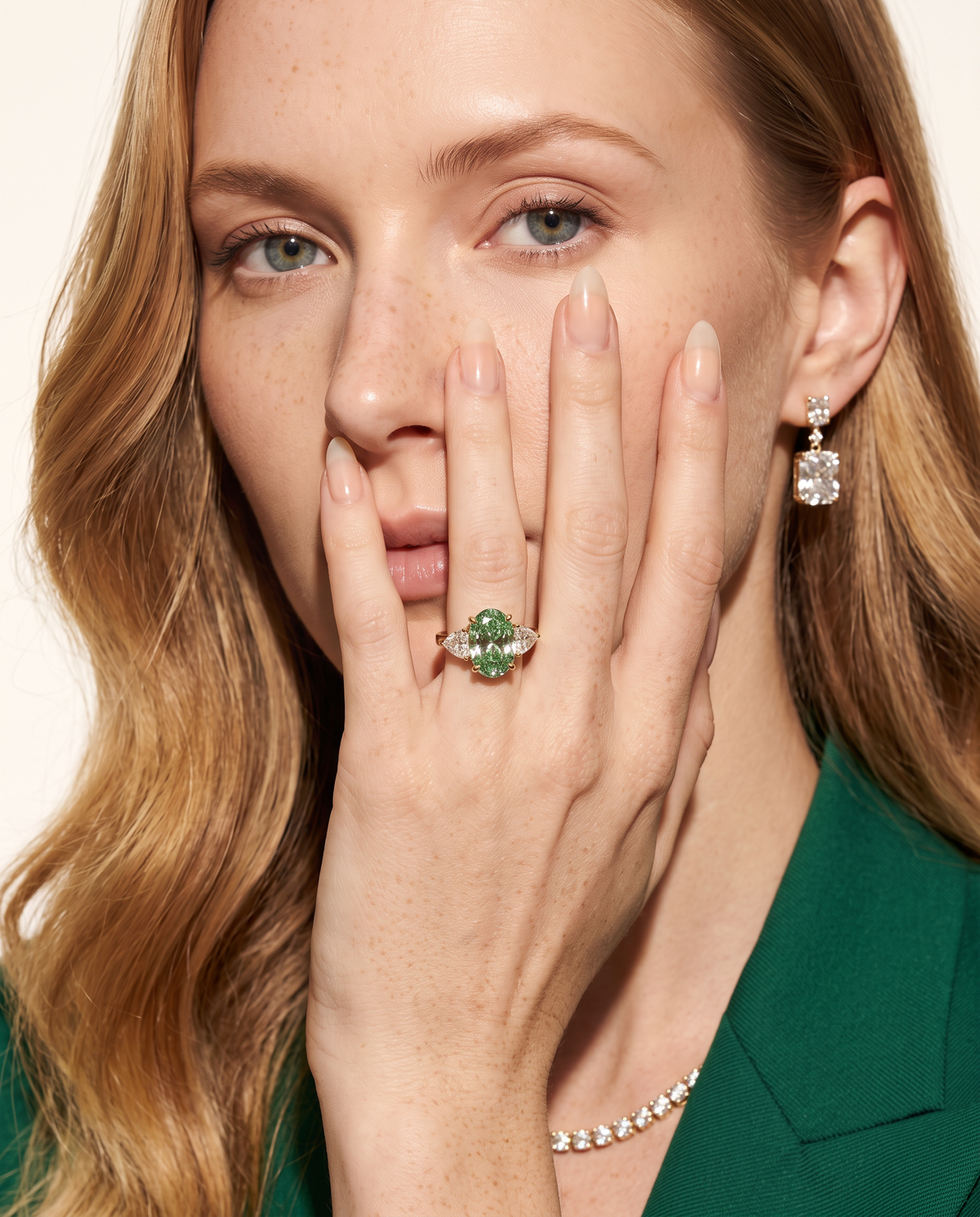 3 to 5 Carat Green Lab Grown Diamond Engagement Ring – Oval Cut Three Stone | Juliet