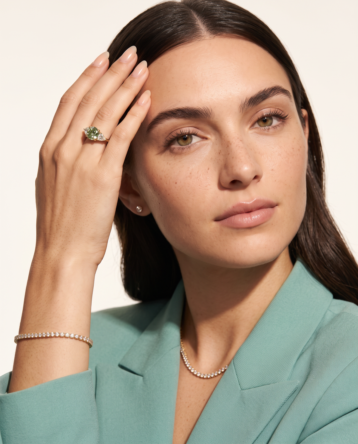 3 to 5 Carat Green Lab Grown Diamond Engagement Ring – Round Cut Three Stone | Cecelia