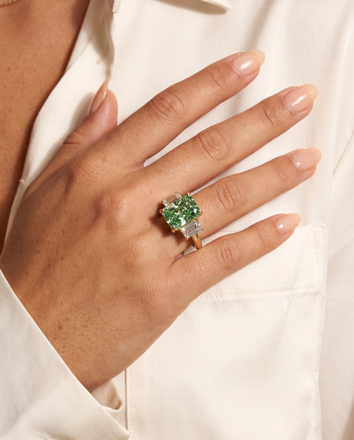 2 to 7 Carat Green Lab Grown Diamond Engagement Ring – Radiant Cut Three Stone | Aurelia