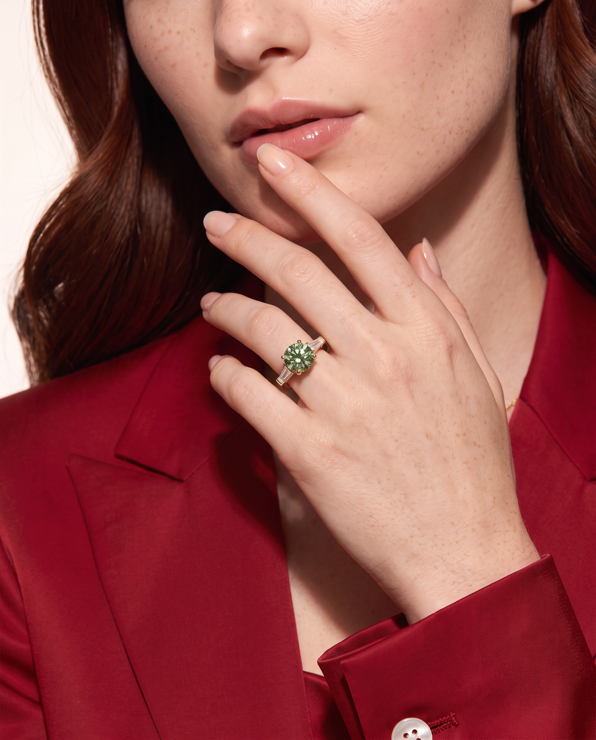 2 to 5 Carat Green Lab Grown Diamond Engagement Ring – Round Cut Three Stone | Cordelia