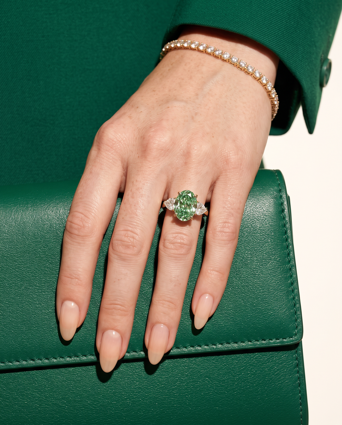 3 to 5 Carat Green Lab Grown Diamond Engagement Ring – Oval Cut Three Stone | Juliet