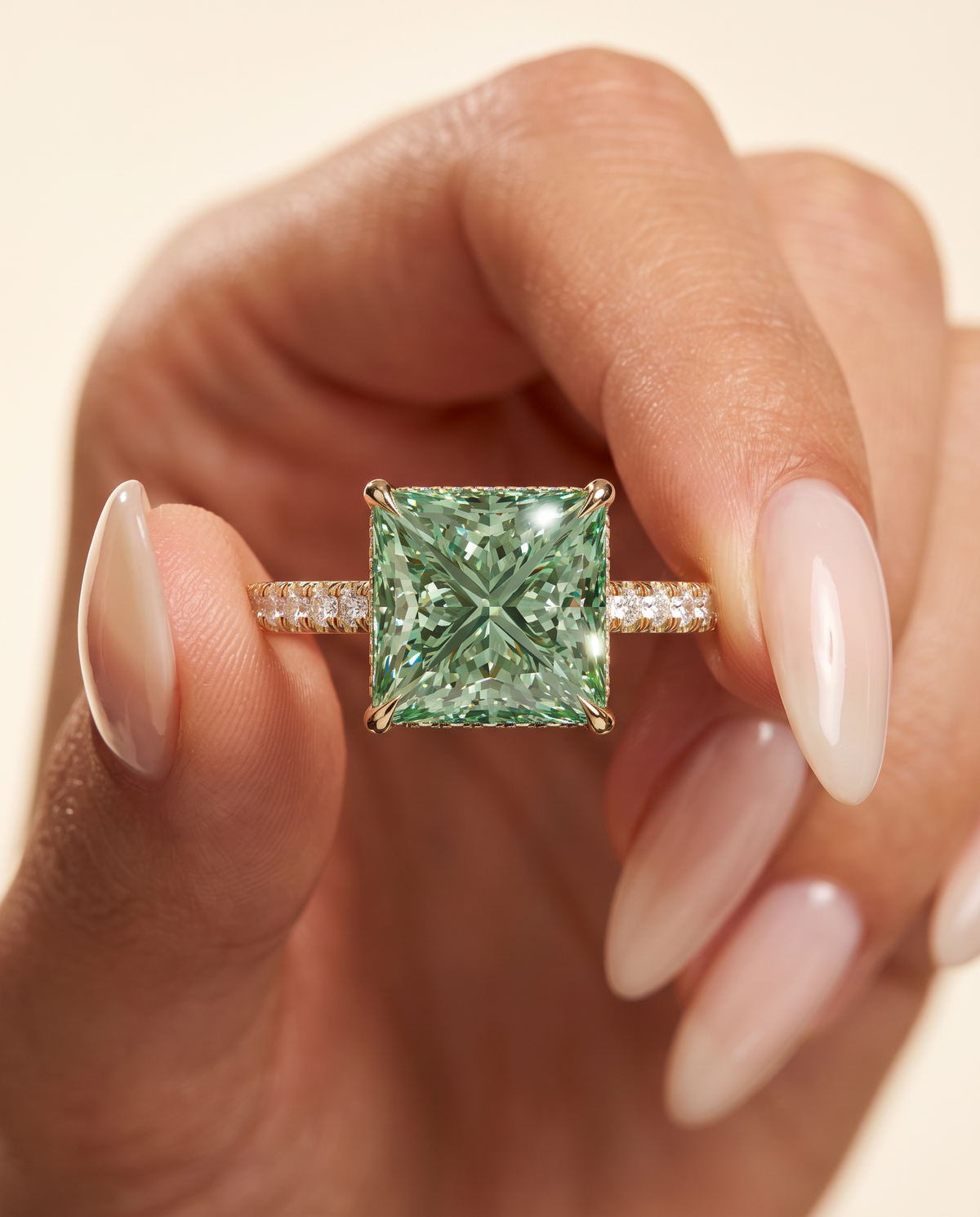 2 to 4 Carat Green Lab Grown Diamond Engagement Ring – Princess Cut Hidden Halo | Adele