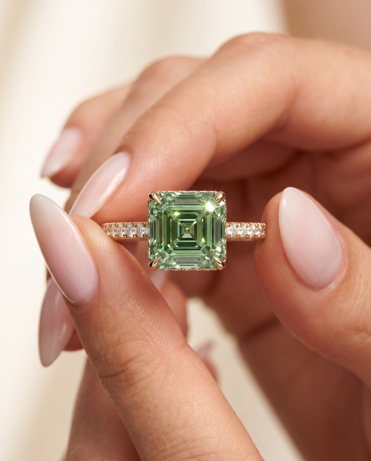 2 to 4 Carat Green Lab Grown Diamond Engagement Ring – Asscher Cut Halo | Marlene