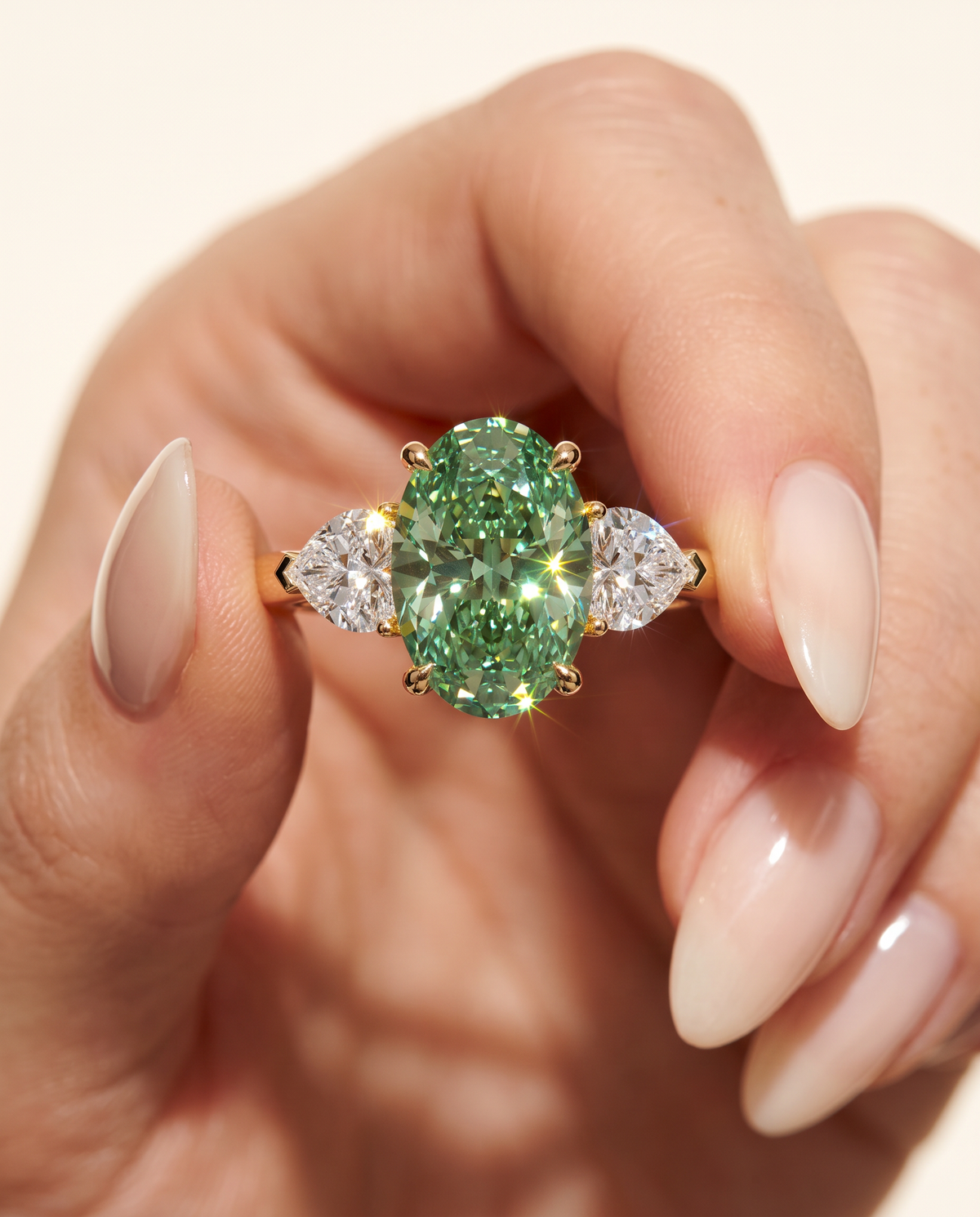 3 to 5 Carat Green Lab Grown Diamond Engagement Ring – Oval Cut Three Stone | Juliet