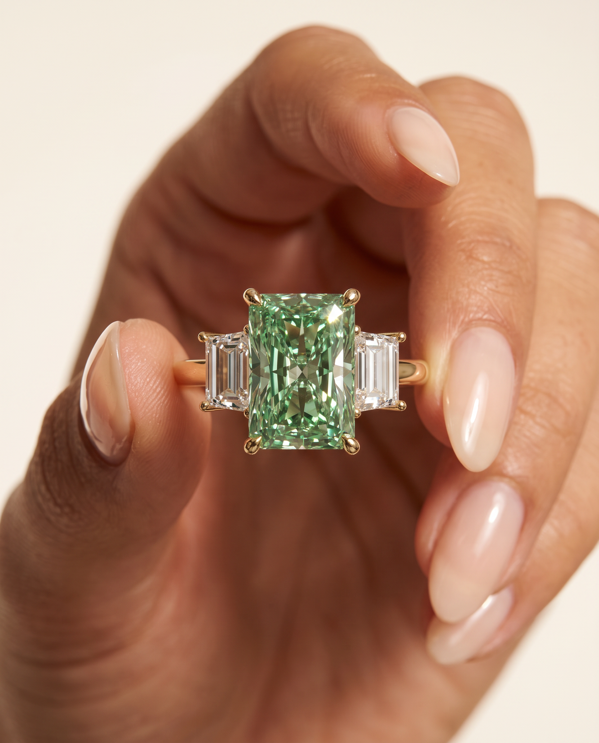 2 to 7 Carat Green Lab Grown Diamond Engagement Ring – Radiant Cut Three Stone | Aurelia