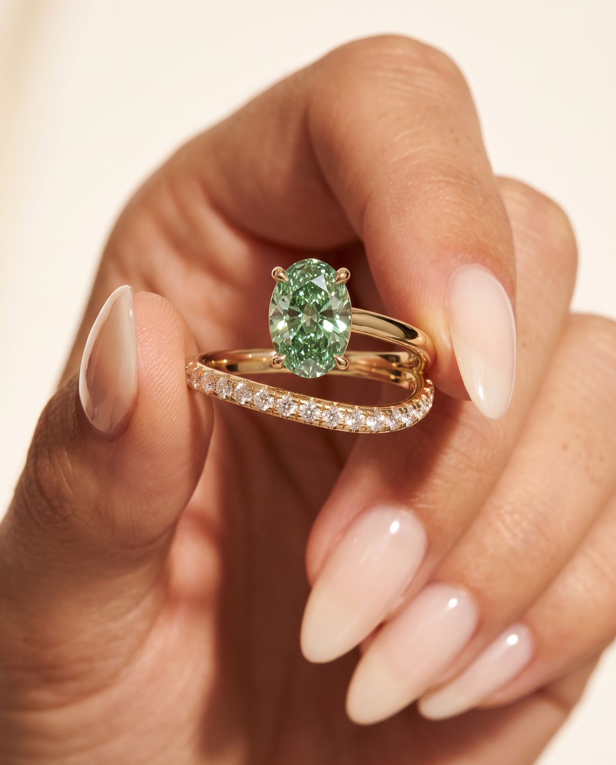 1 to 2 Carat Green Lab Grown Diamond Engagement Ring – Oval Cut Pavé Bypass | Amara