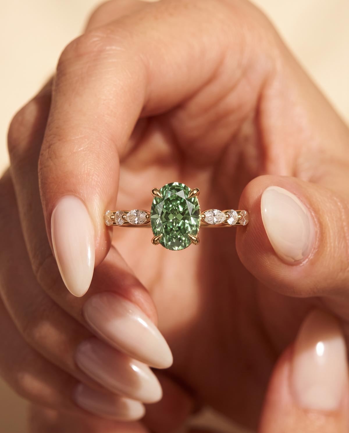 2 to 4 Carat Green Lab Grown Diamond Engagement Ring – Oval Cut Hidden Halo | Odette