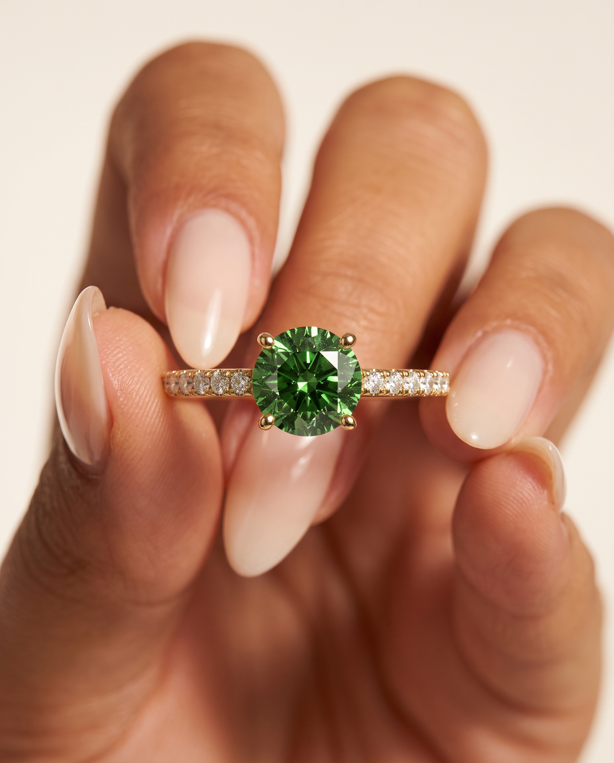 1 to 3.5 Carat Green Lab Grown Diamond Engagement Ring – Round Cut Pavé | Elise