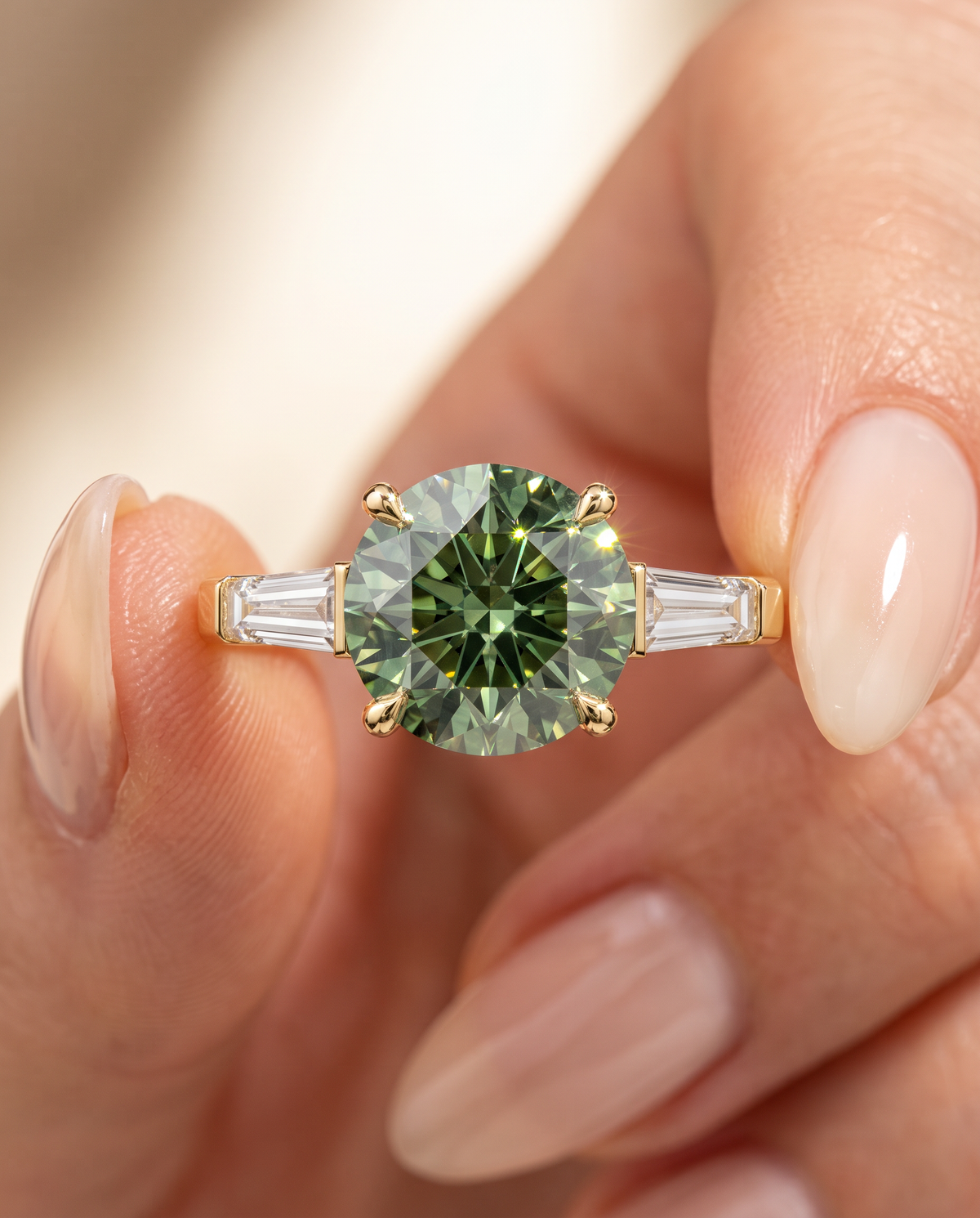 2 to 5 Carat Green Lab Grown Diamond Engagement Ring – Round Cut Three Stone | Cordelia