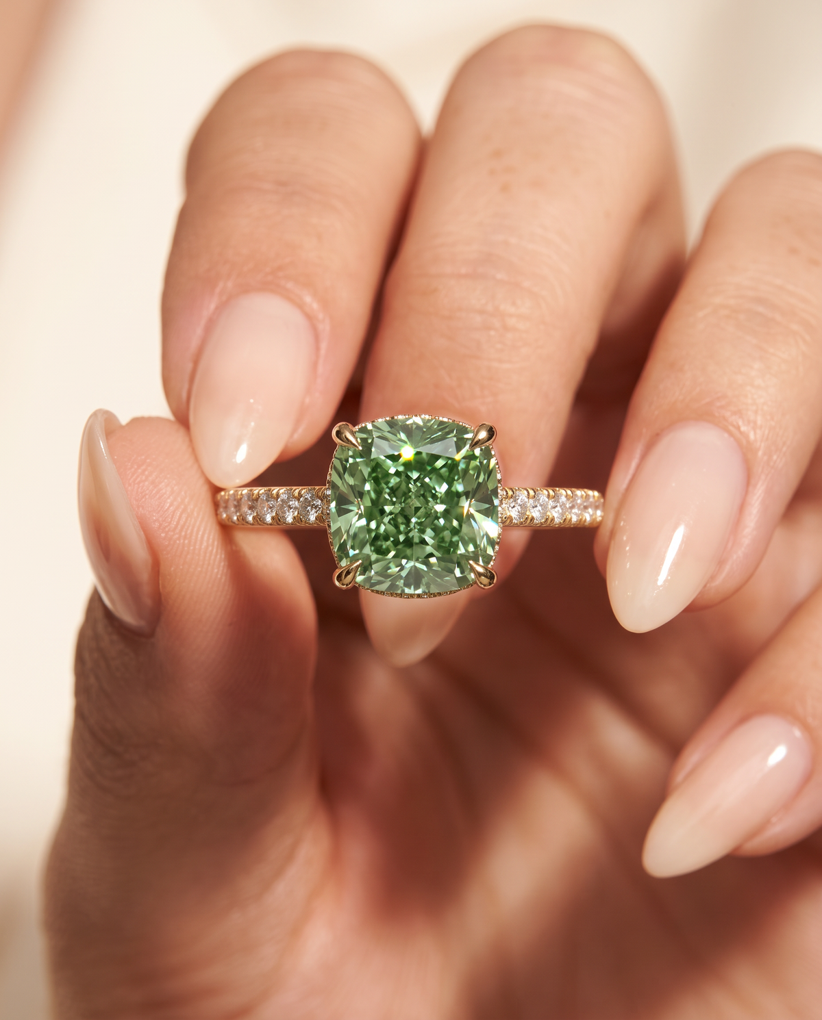 1 to 3.5 Carat Green Lab Grown Diamond Engagement Ring – Cushion Cut Hidden Halo | Vivienne