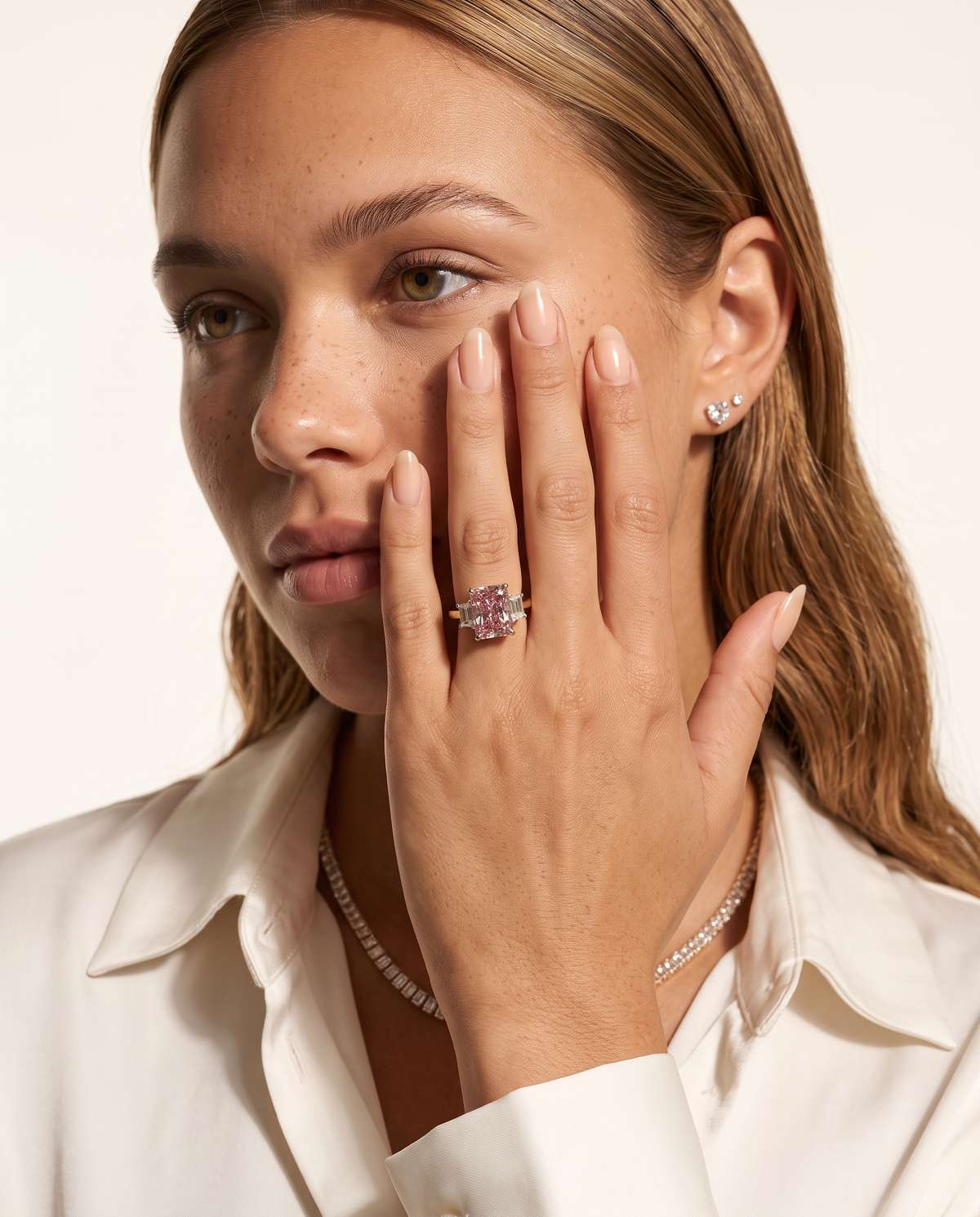 2 to 7 Carat Pink Lab Grown Diamond Engagement Ring – Radiant Cut Three Stone | Aurelia