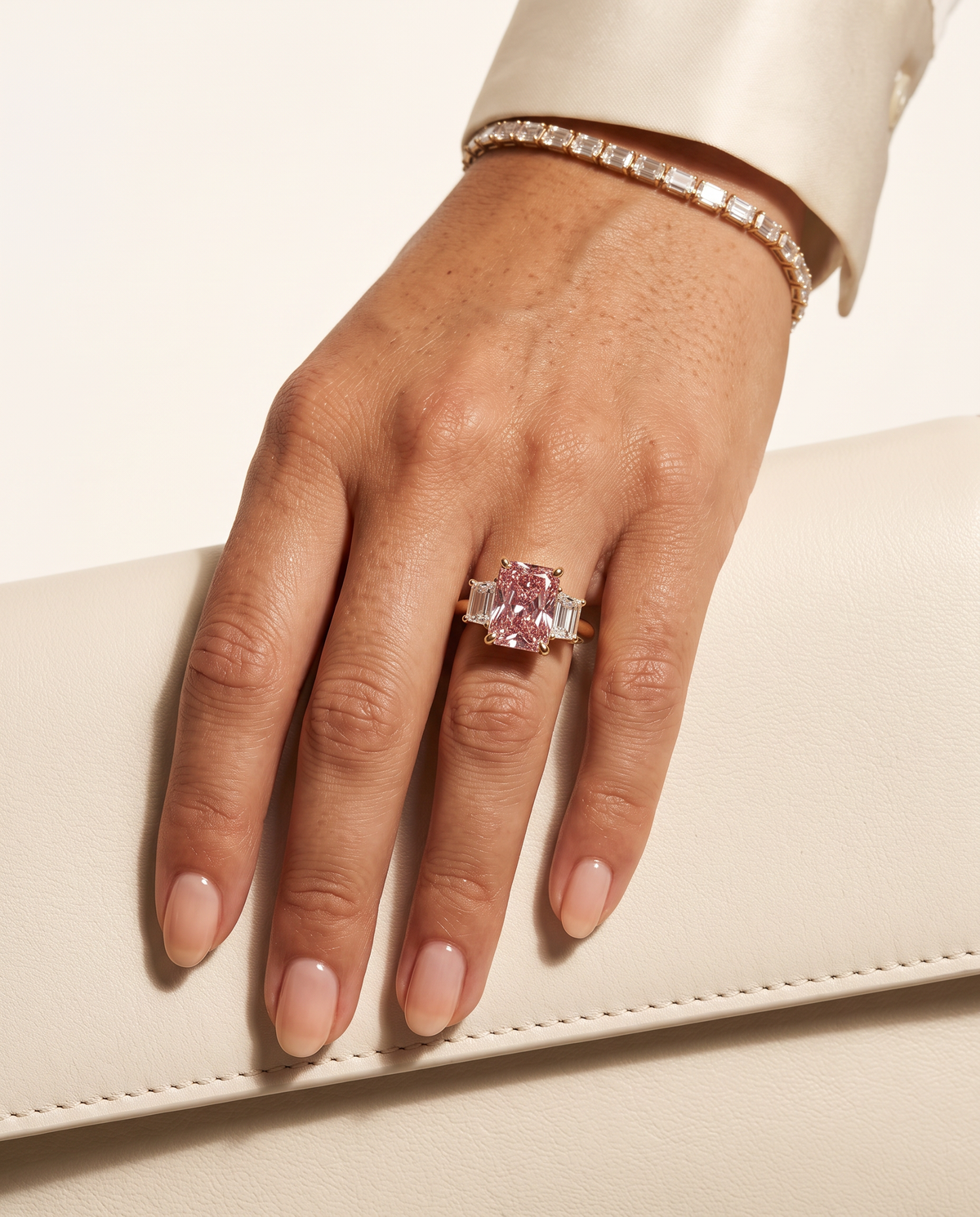 2 to 7 Carat Pink Lab Grown Diamond Engagement Ring – Radiant Cut Three Stone | Aurelia