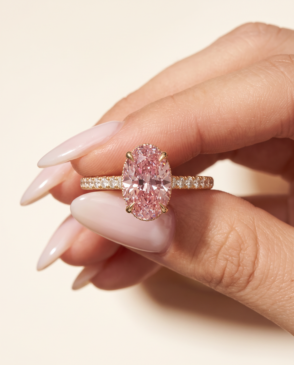 1 to 6 Carat Pink Lab Grown Diamond Engagement Ring – Oval Cut Hidden Halo | Isla