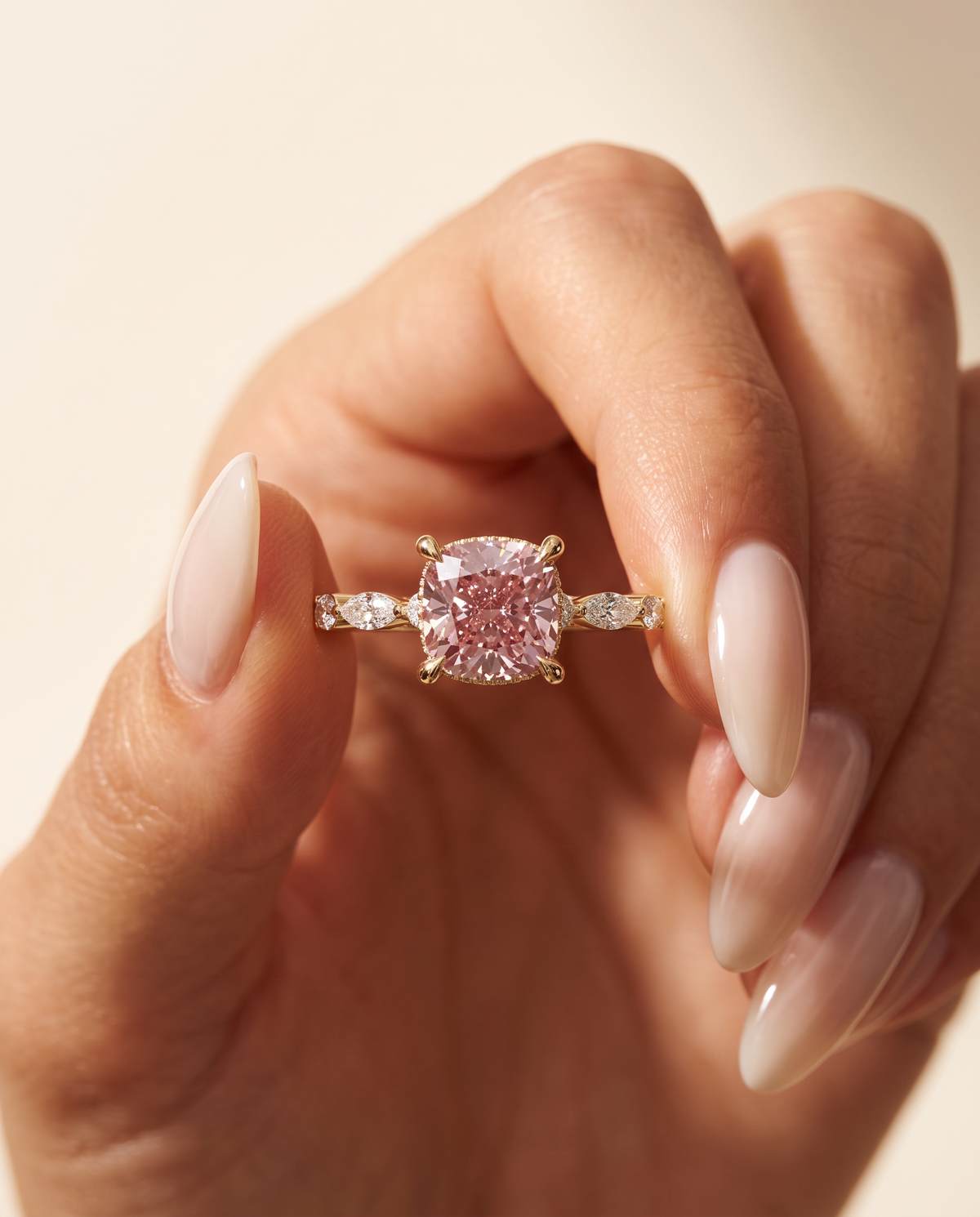 1 to 2.5 Carat Pink Lab Grown Diamond Engagement Ring – Cushion Cut Hidden Halo | Rosalie