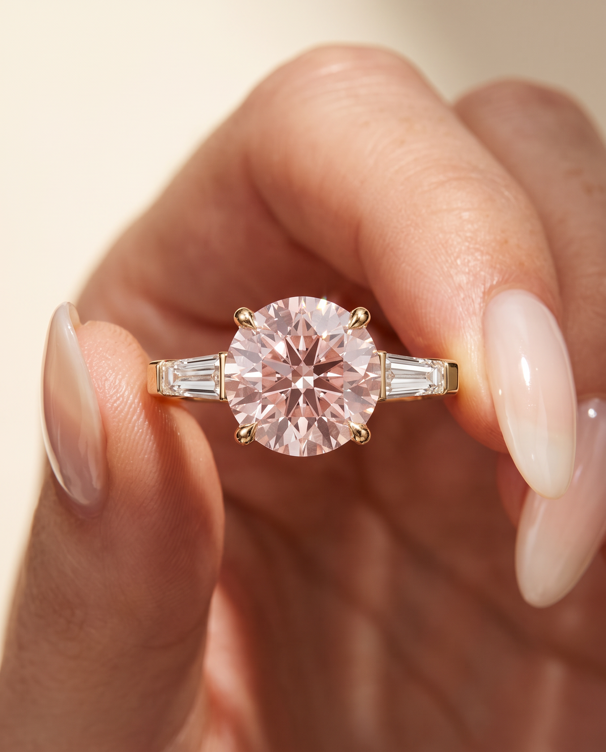2 to 5 Carat Pink Lab Grown Diamond Engagement Ring – Round Cut Three Stone | Cordelia