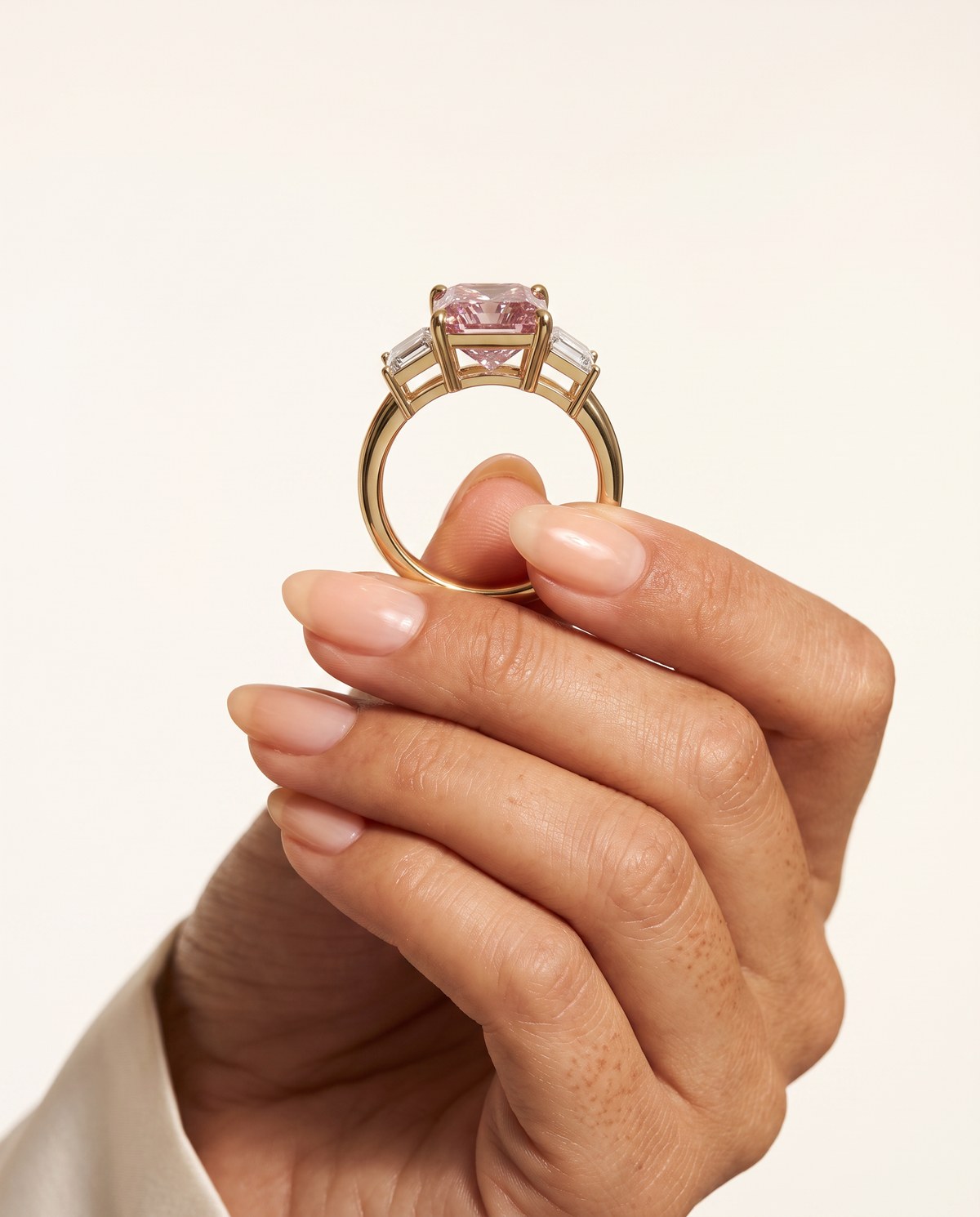 2 to 7 Carat Pink Lab Grown Diamond Engagement Ring – Radiant Cut Three Stone | Aurelia