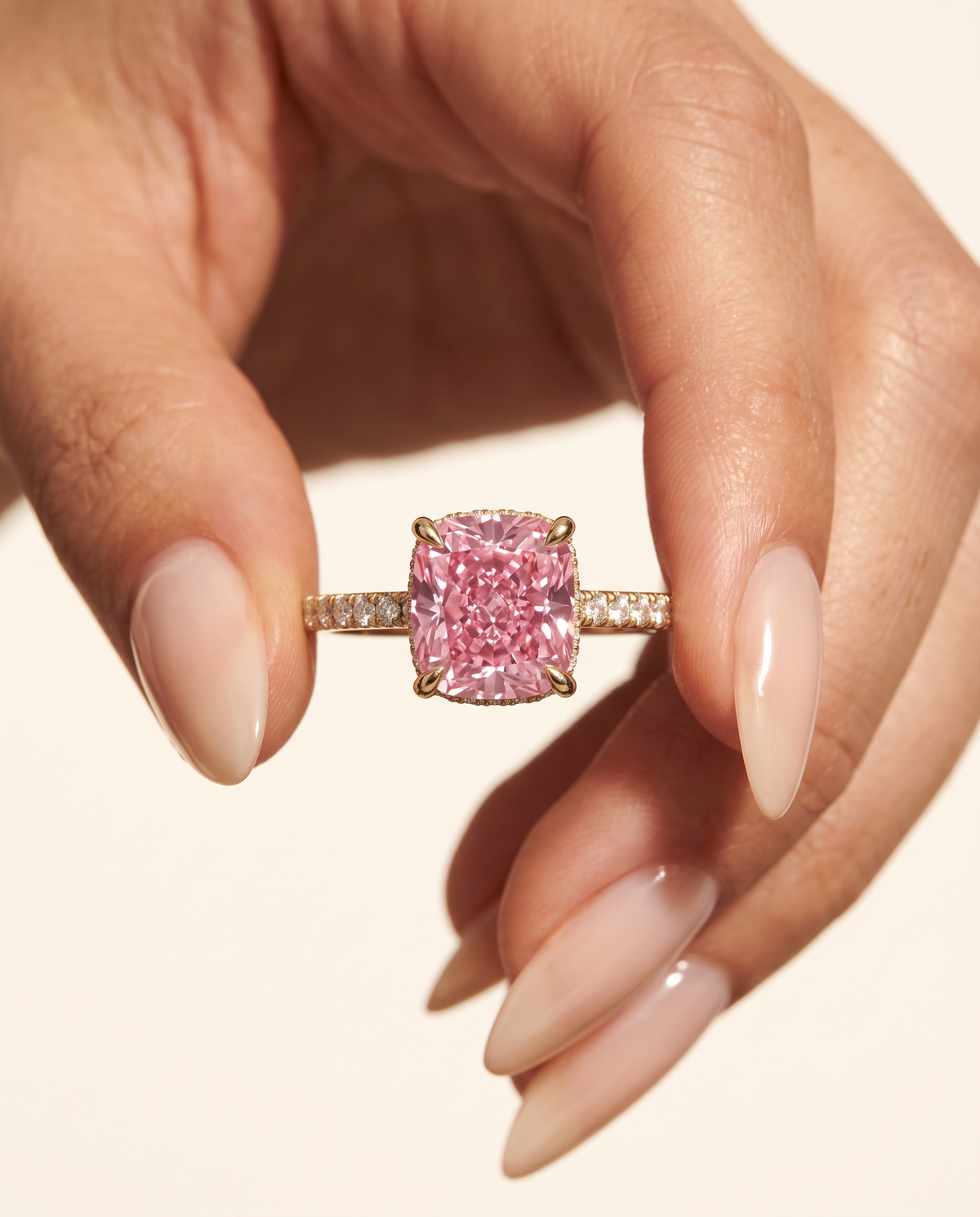 1 to 3.5 Carat Pink Lab Grown Diamond Engagement Ring – Cushion Cut Hidden Halo | Vivienne