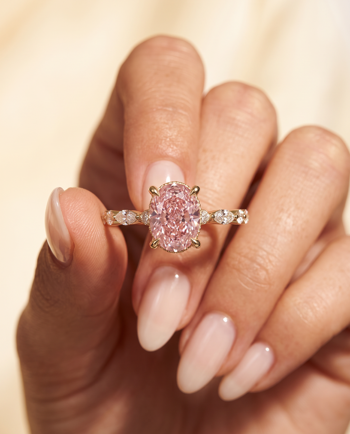 2 to 4 Carat Pink Lab Grown Diamond Engagement Ring – Oval Cut Hidden Halo | Odette