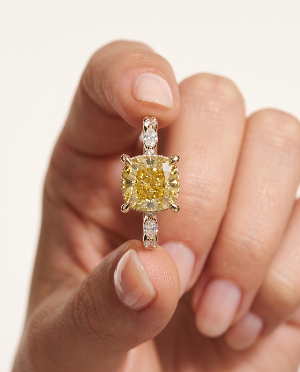 1 to 2.5 Carat Yellow Lab Grown Diamond Engagement Ring – Cushion Cut Hidden Halo | Rosalie