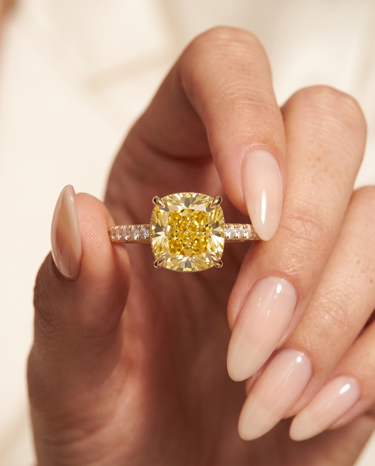1 to 3.5 Carat Yellow Lab Grown Diamond Engagement Ring – Cushion Cut Hidden Halo | Vivienne